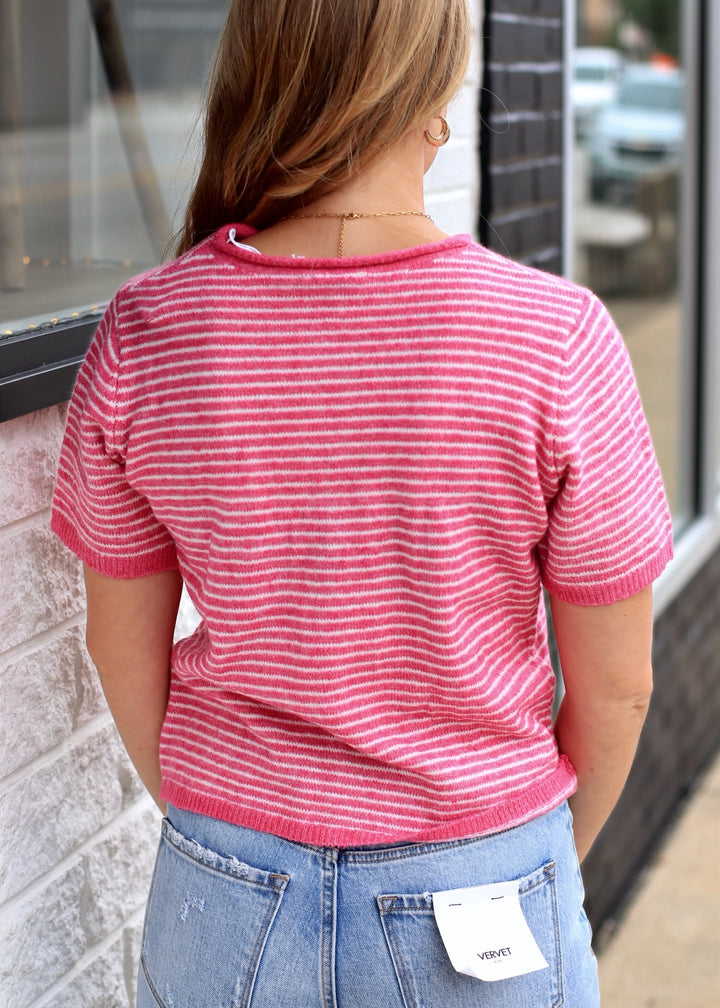 The Lucy Stripe Cardigan in Hot Pink