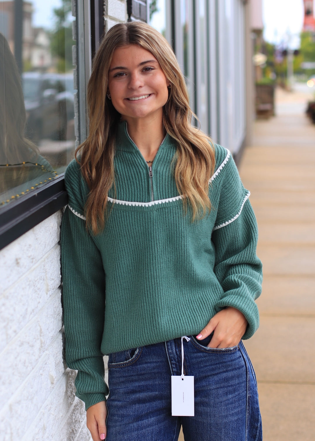 Cabin Air Contrast Whipstitch Embroidery Half Zip Sweater