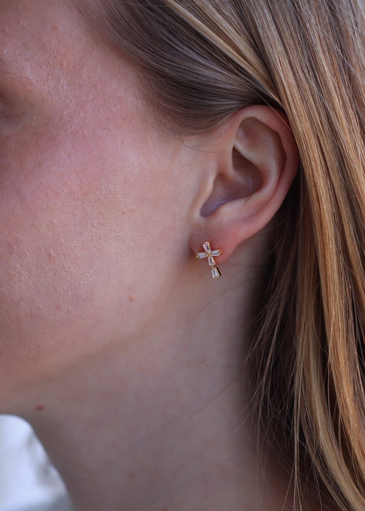 Gold and Silver Cross Stud Earrings with Crystals