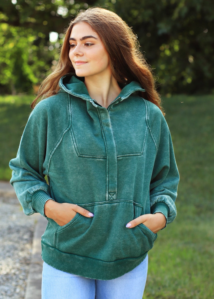 Deep Green Quarter Zip Acid Wash Fleece Oversized