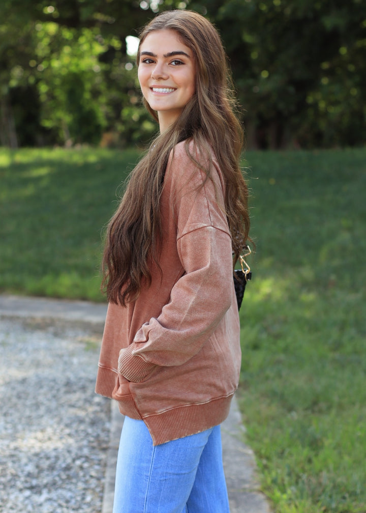 Rust Acid Wash Fleece Pullover with Pockets