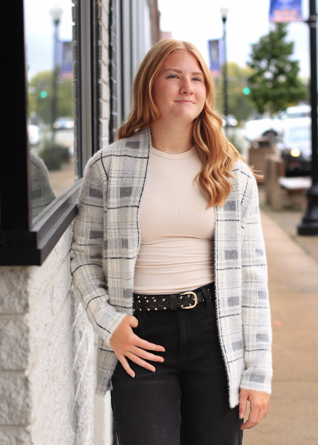 The Birch Open Front Cardigan in Ivory/Grey