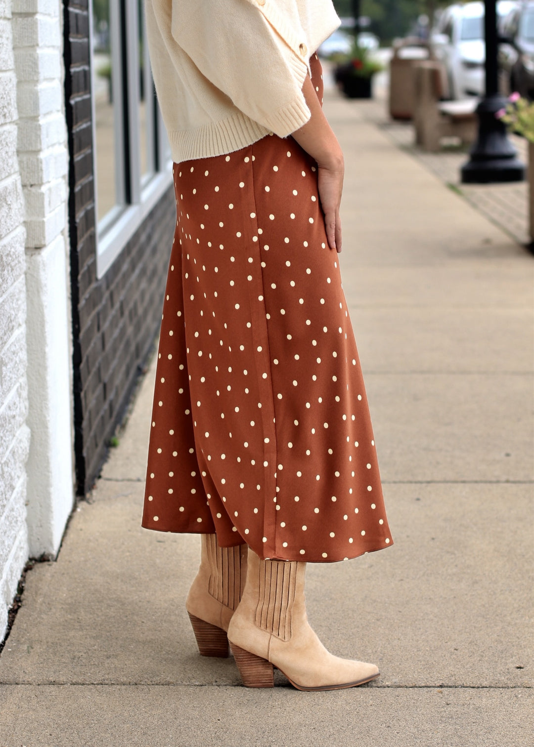 Café Dot Satin Midi Skirt