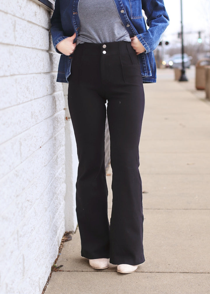Pintuck Twill Flare Pants in Black