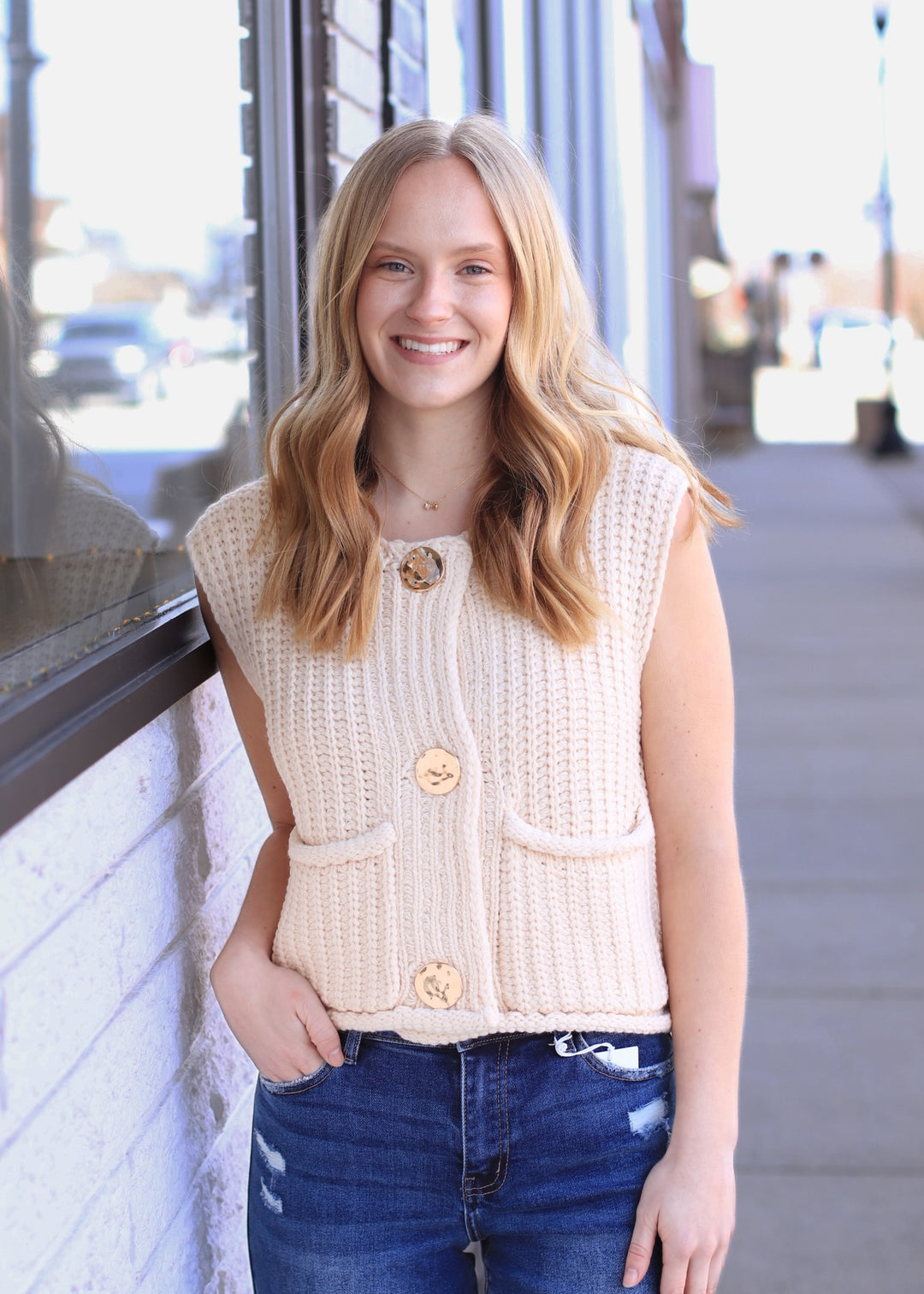 The Collins Gold Button Sweater Vest in Ivory