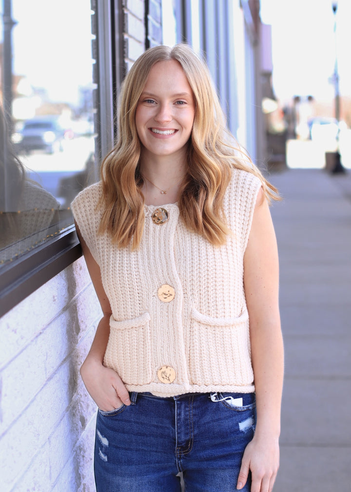 The Collins Gold Button Sweater Vest in Ivory
