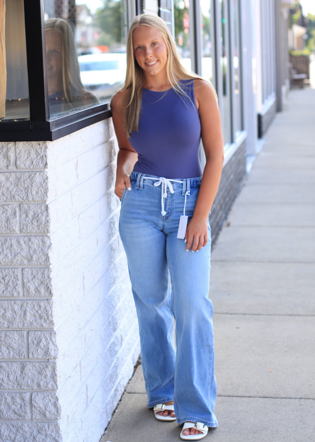 High Rise Elastic Waist Drawstring Wide Leg Jeans