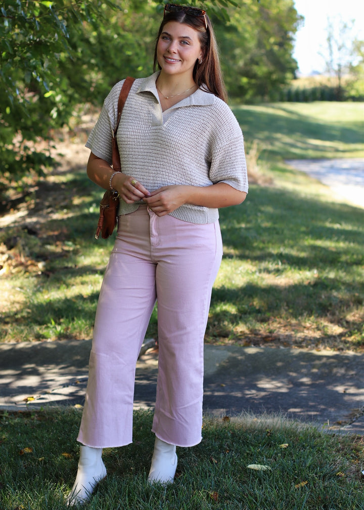 Dusty Pink Cotton Twill Wide Leg Ankle Pant