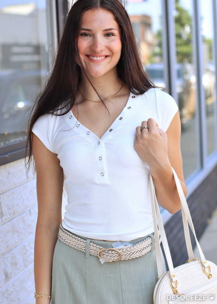 The Snap Henley Knit Top  in White