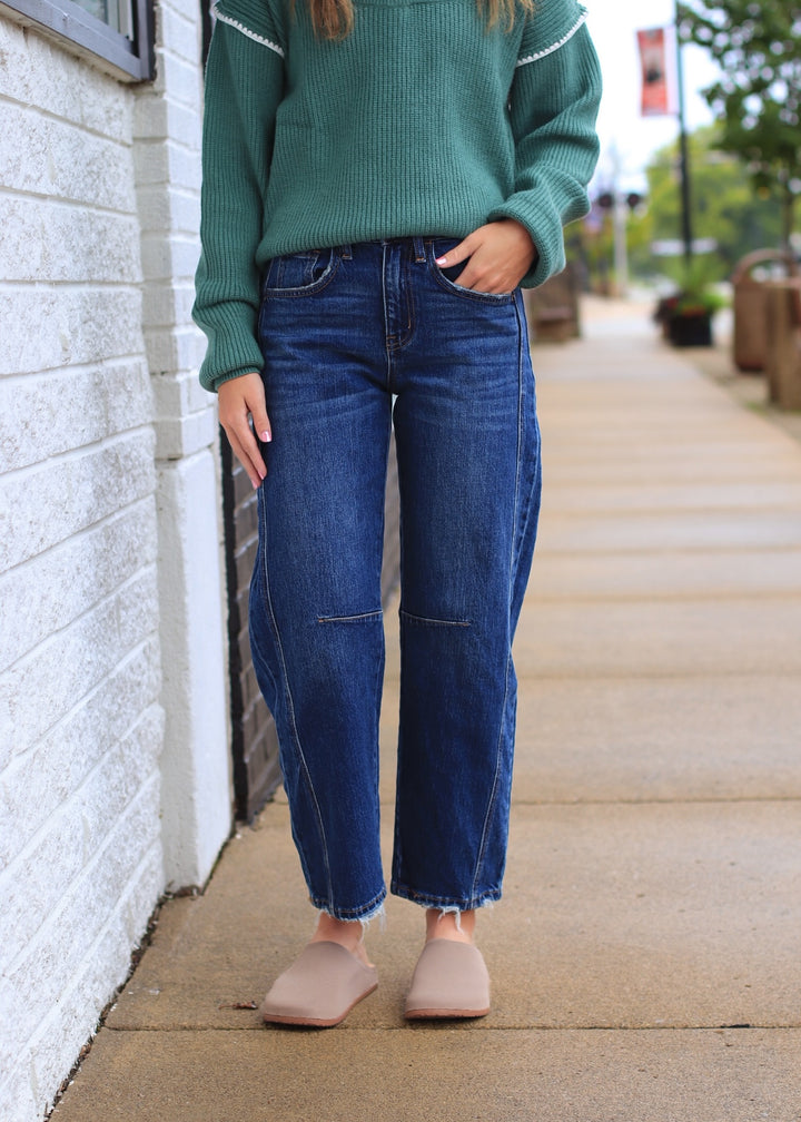 The Jadeite Dark-Wash Barrel Jeans