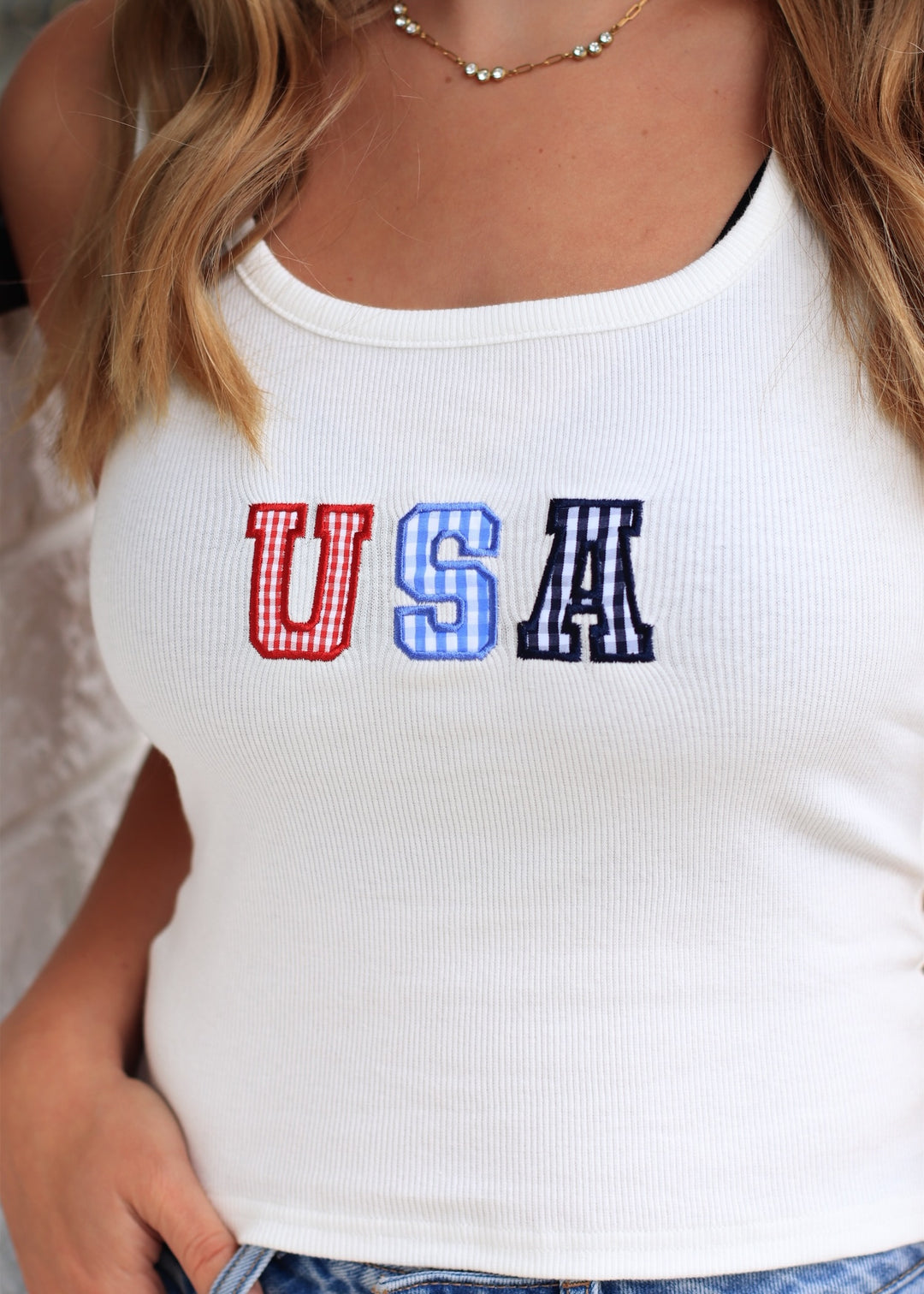 Gingham USA Tank Top in Off White