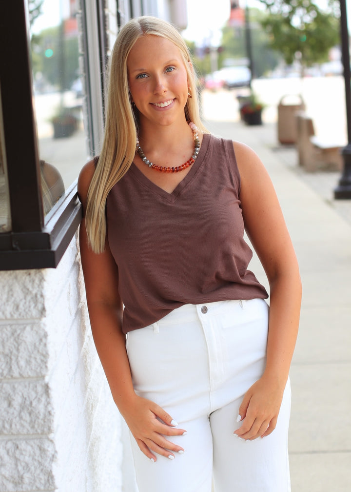 LuxeAir Ribbed V-Neck Top in Coffee
