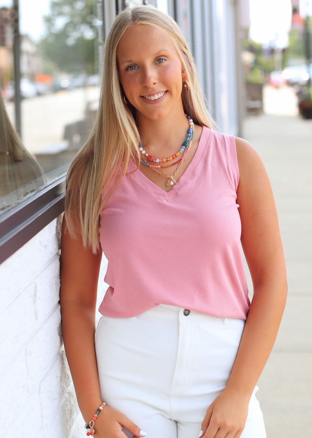 LuxeAir Ribbed V-Neck Top in Dusty Rose