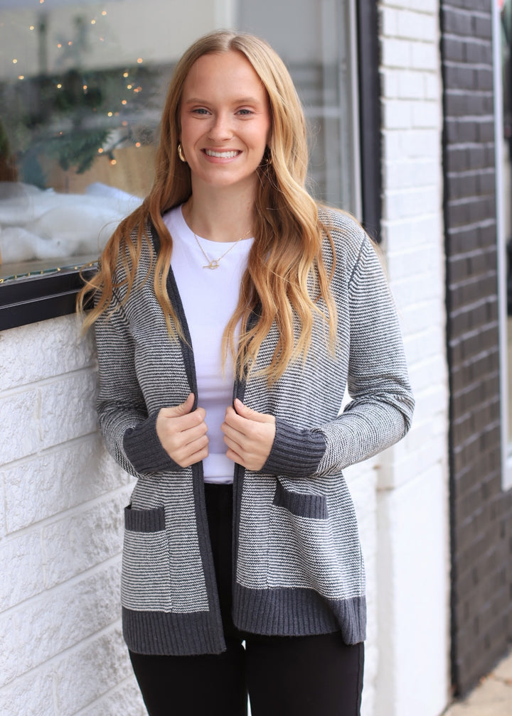 The Linton Stripe Cardigan in Charcoal