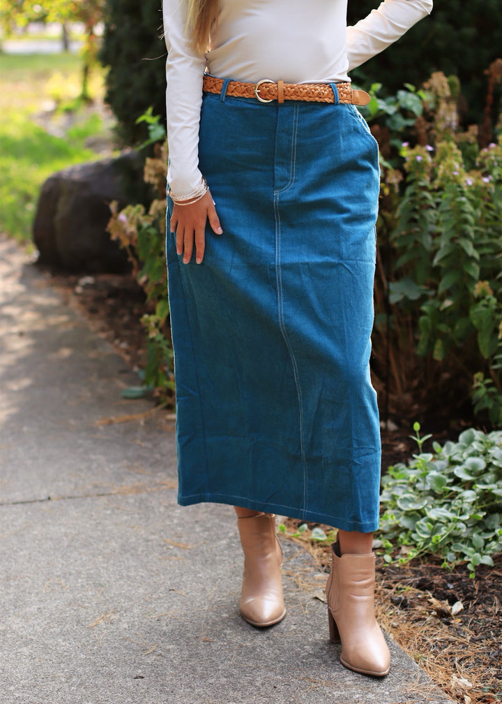 CLEARANCE FINAL SALE  Teal Corduroy Midi Skirt