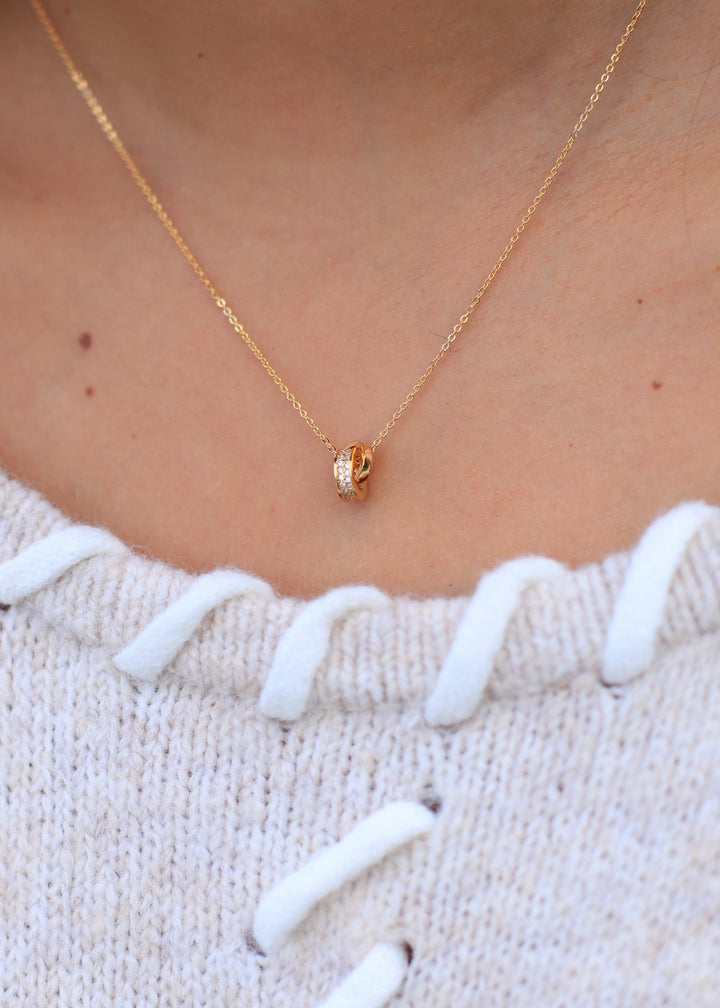 Cz Double Ring Link Pendant Necklace