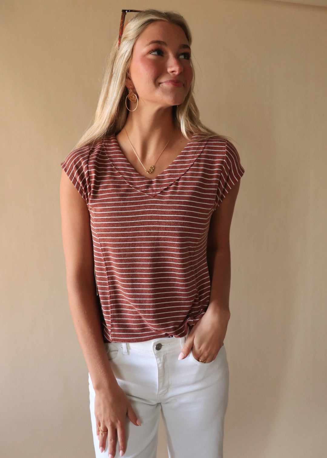 Lyra Stripe V Neck Top in Russet