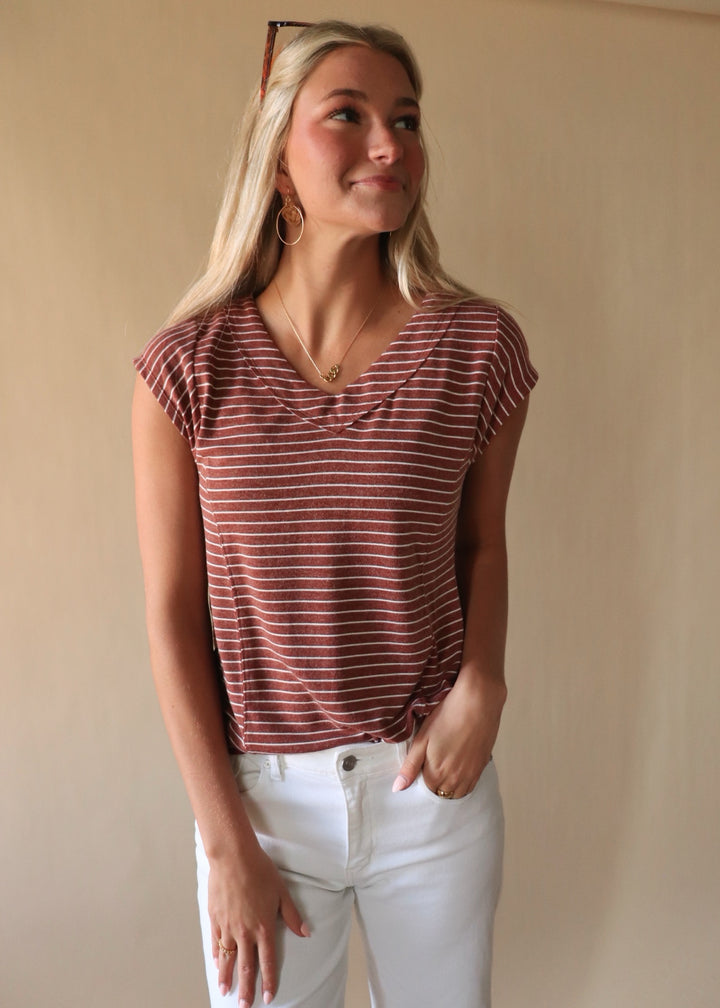 Lyra Stripe V Neck Top in Russet