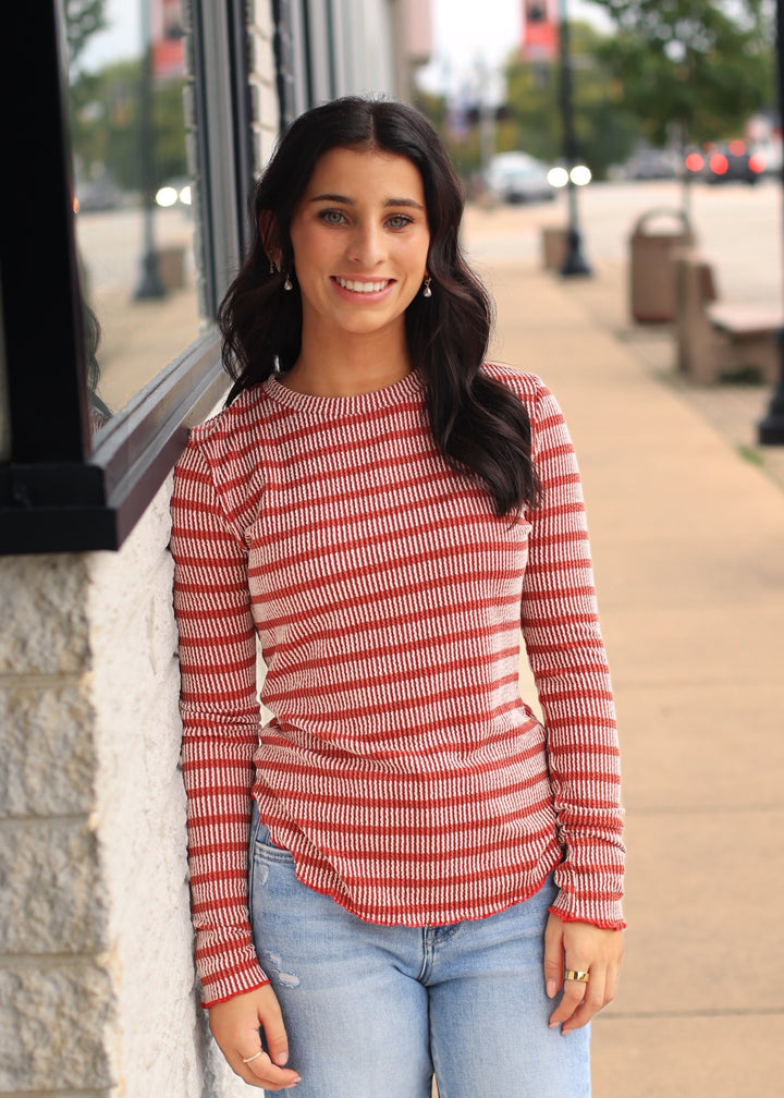 Striped Ribbed Knit Top in Rust