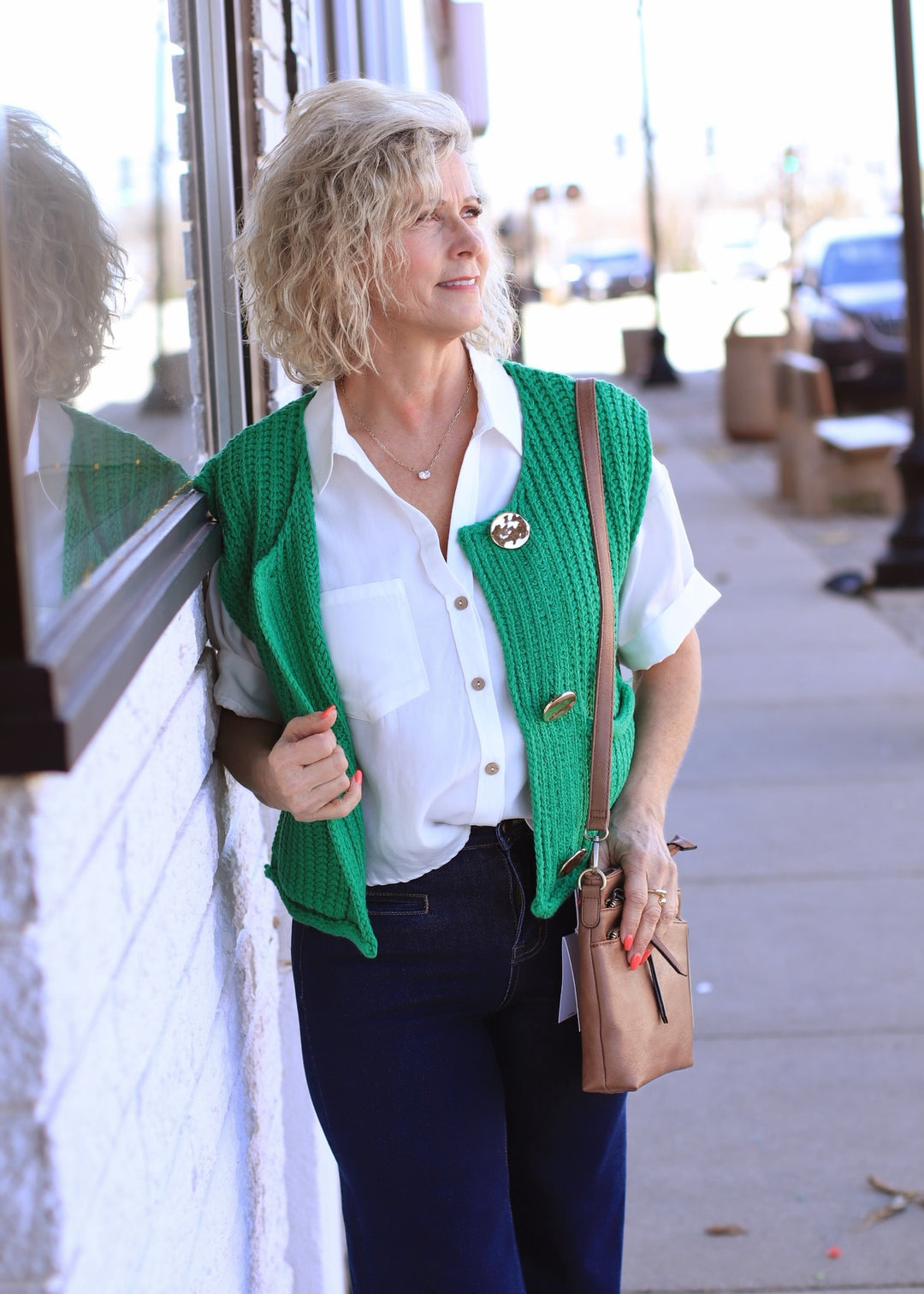 The Collins Gold Button Sweater Vest in Green