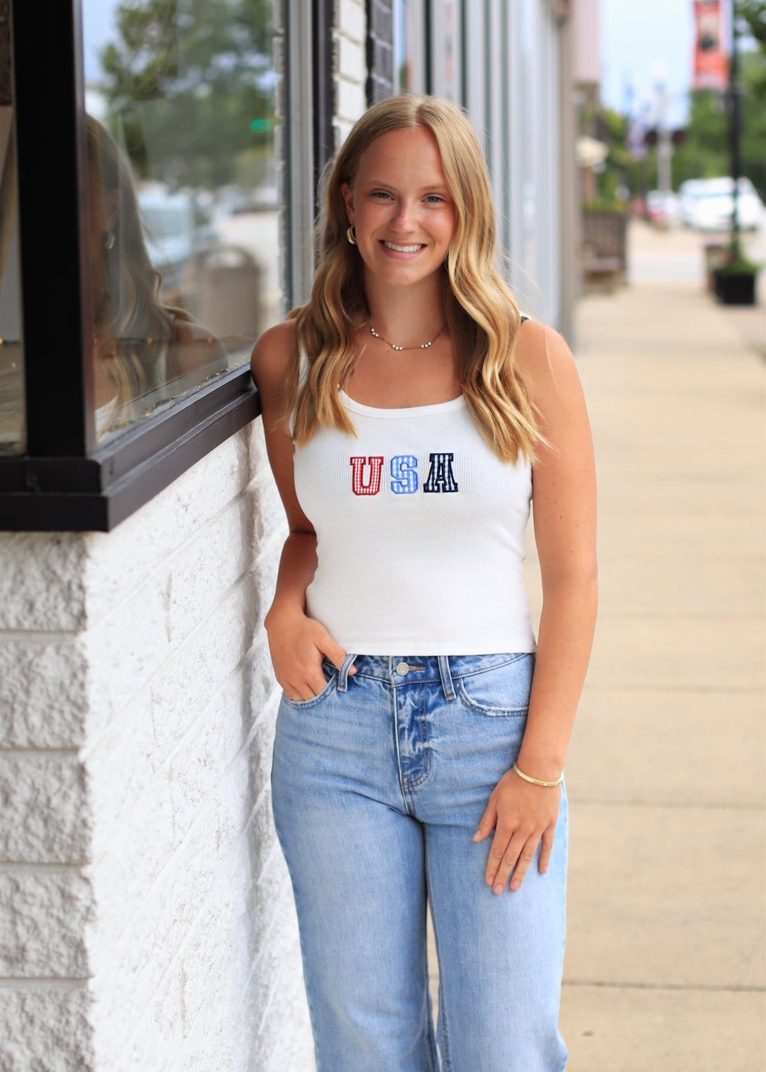 Gingham USA Tank Top in Off White