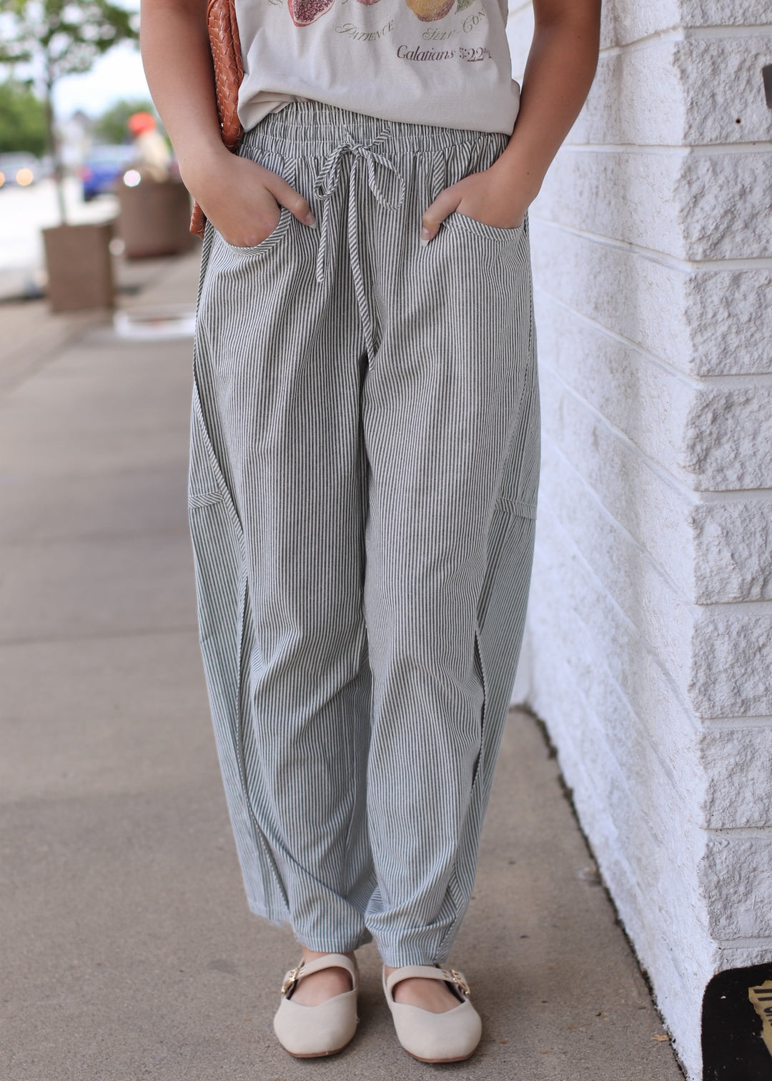 The Olive Grove Stripe Barrel Pant