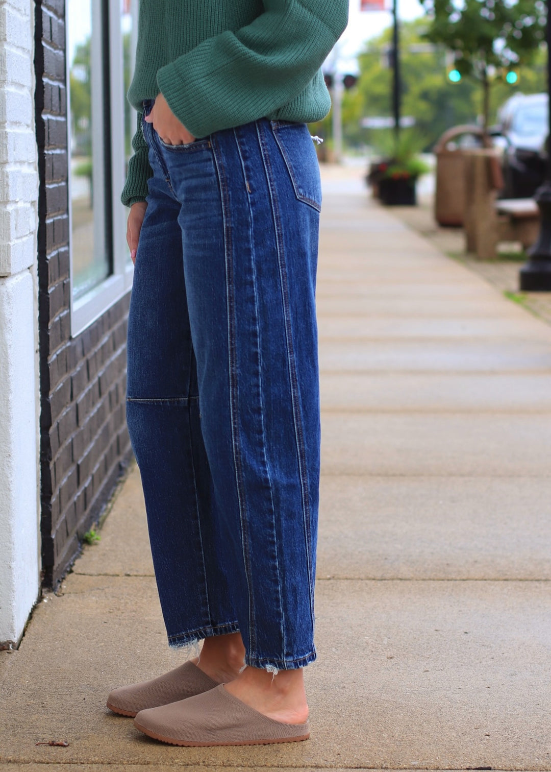 The Jadeite Dark-Wash Barrel Jeans