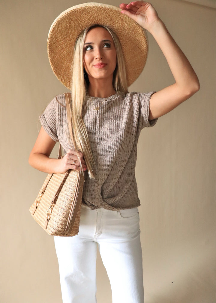 Daisy Bamboo Straw Convertible Backpack: Camel
