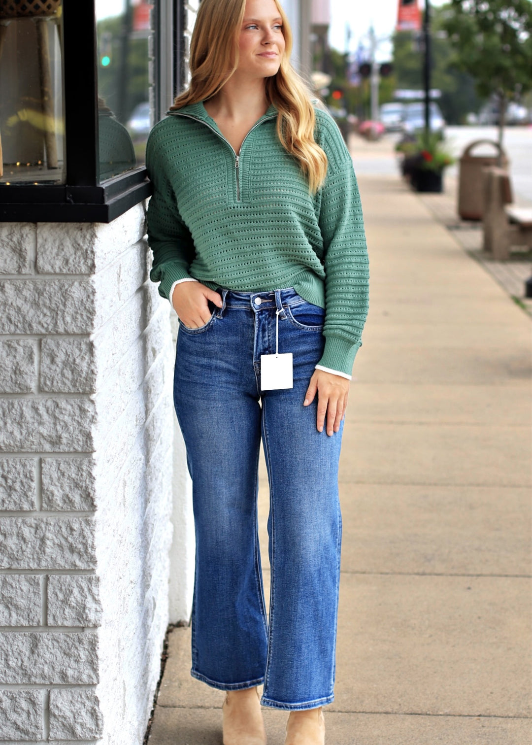 Mountain Air Crochet Texture Half-zip Cotton Blend Sweater