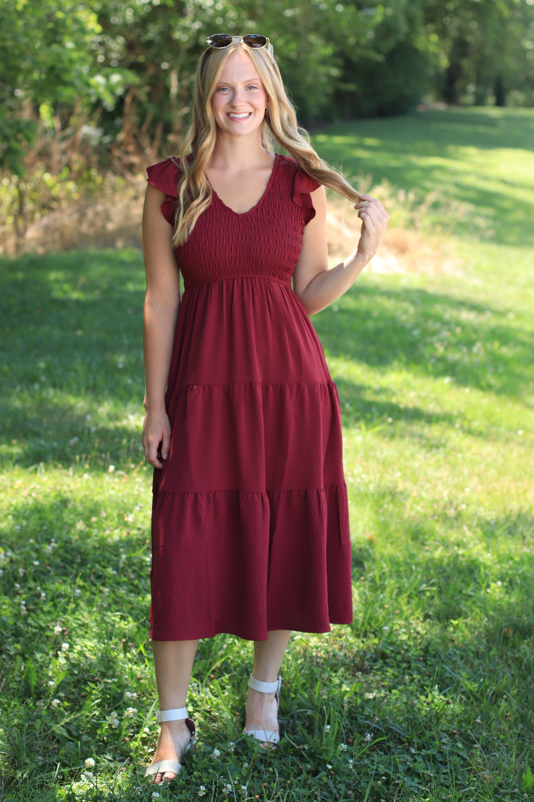 The Drift Dress Flutter Sleeve Maxi in Burgundy