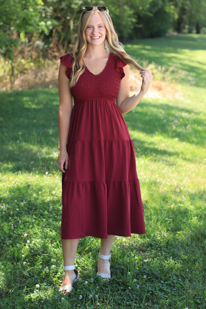 The Drift Dress Flutter Sleeve Maxi in Burgundy