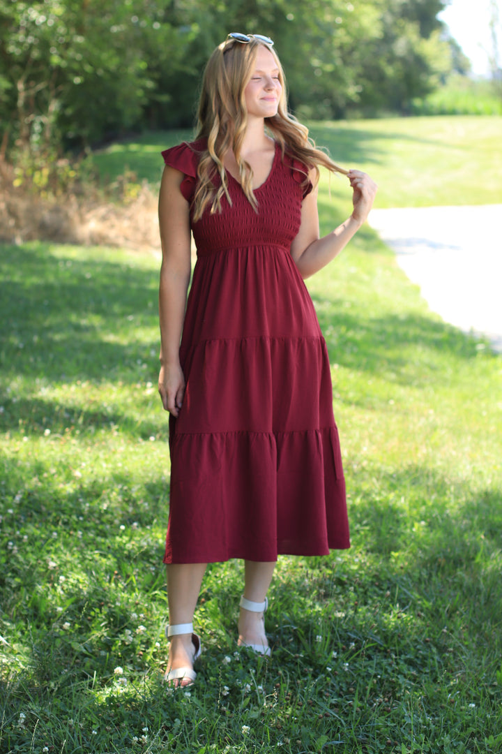 The Drift Dress Flutter Sleeve Maxi in Burgundy