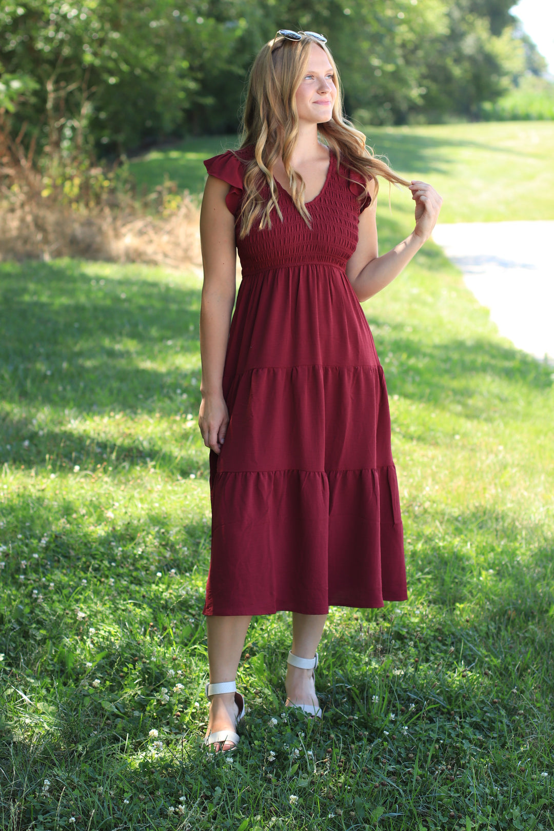 The Drift Dress Flutter Sleeve Maxi in Burgundy
