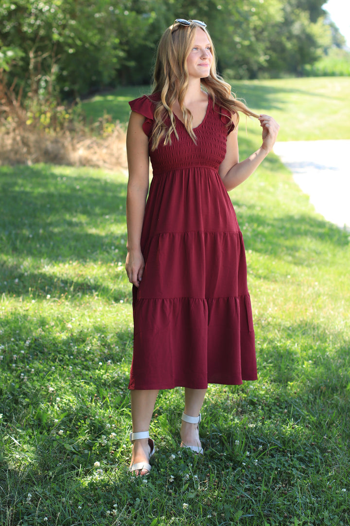 The Drift Dress Flutter Sleeve Maxi in Burgundy