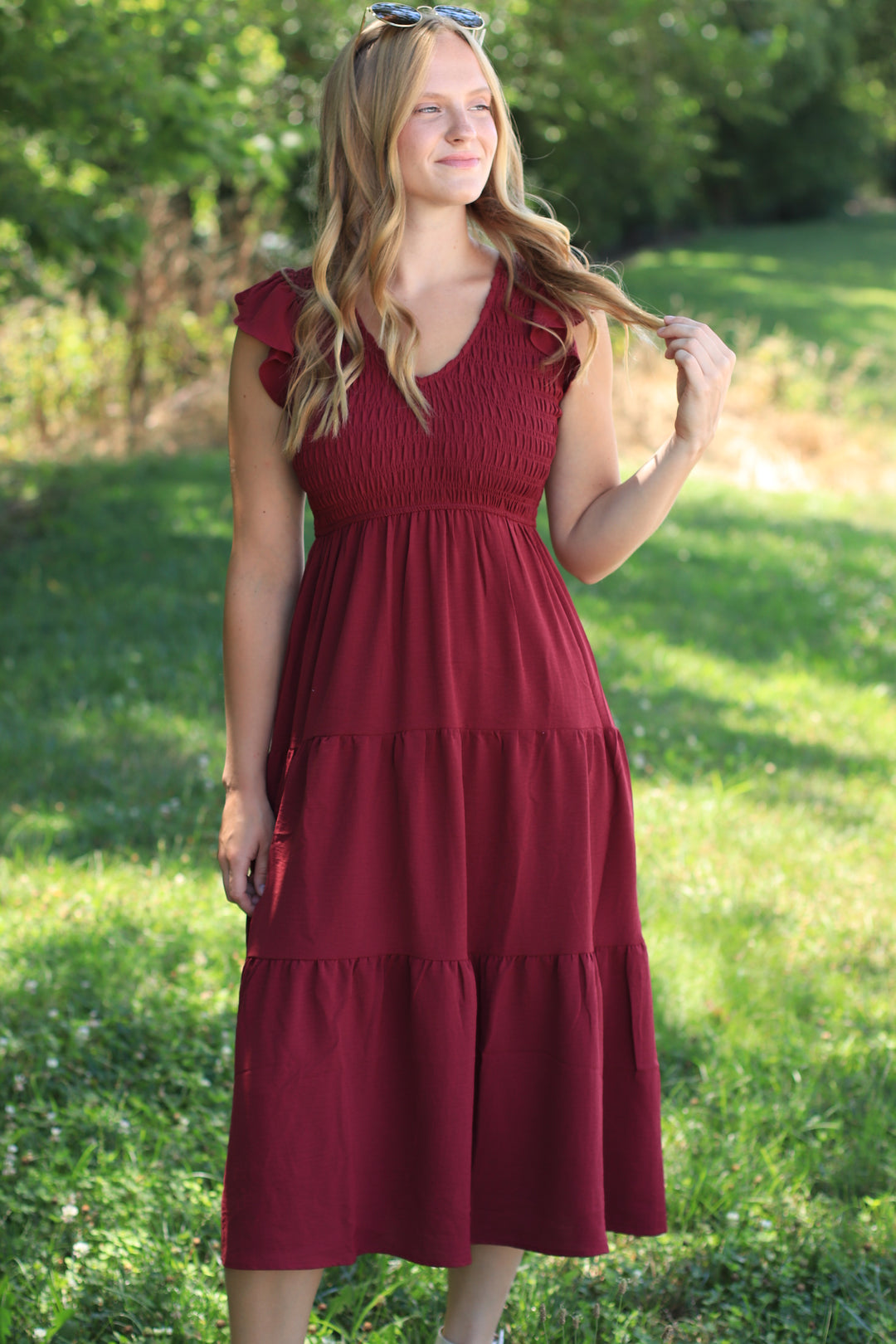 The Drift Dress Flutter Sleeve Maxi in Burgundy