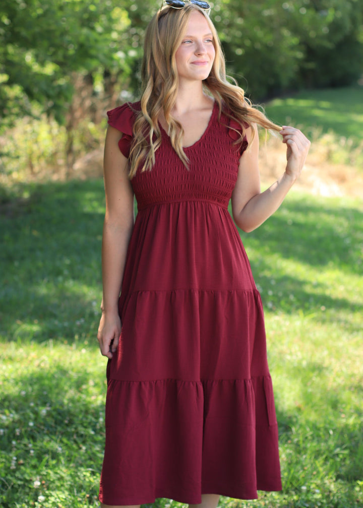 The Drift Dress Flutter Sleeve Maxi in Burgundy