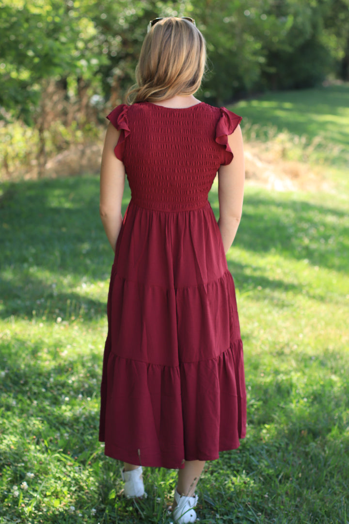 The Drift Dress Flutter Sleeve Maxi in Burgundy