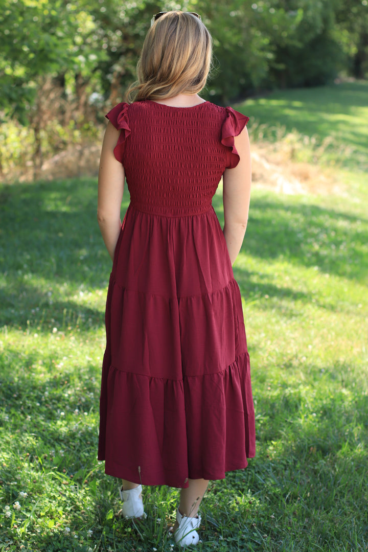 The Drift Dress Flutter Sleeve Maxi in Burgundy