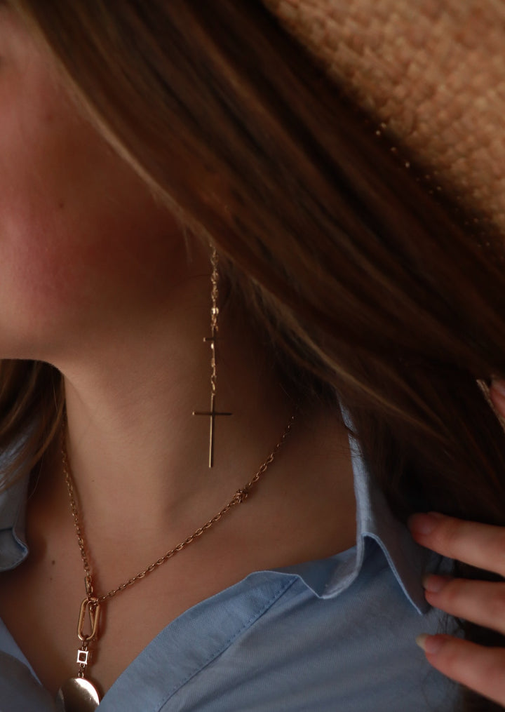 CLEARANCE FINAL SALE Double Cross Charms Chain Dangle Earrings