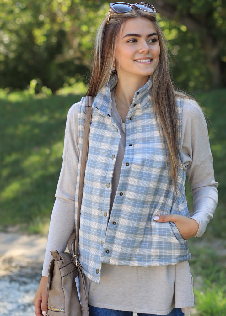 CLEARANCE FINAL SALE Pine and Taupe Plaid Puffer Vest