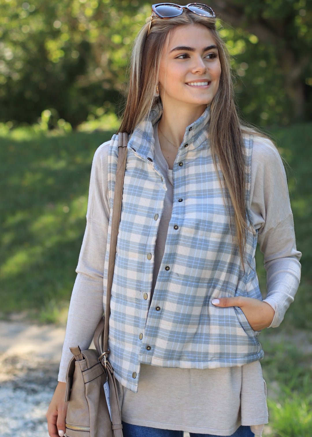 CLEARANCE FINAL SALE Pine and Taupe Plaid Puffer Vest