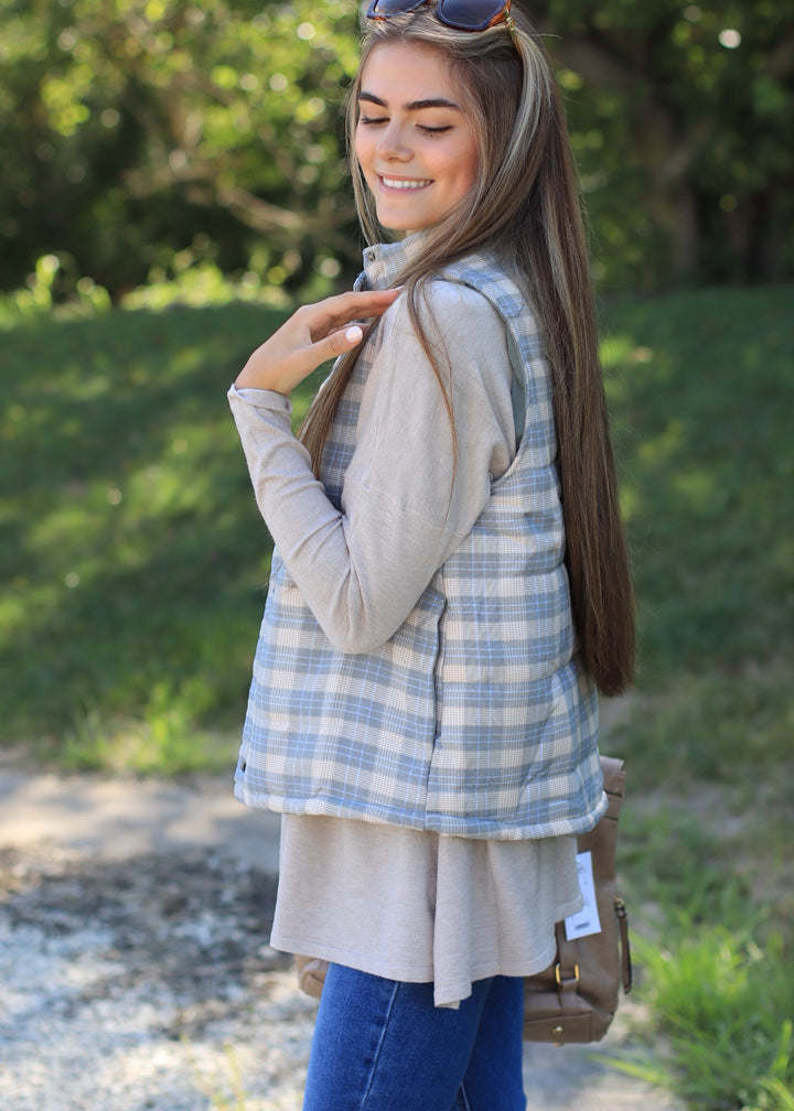 CLEARANCE FINAL SALE Pine and Taupe Plaid Puffer Vest