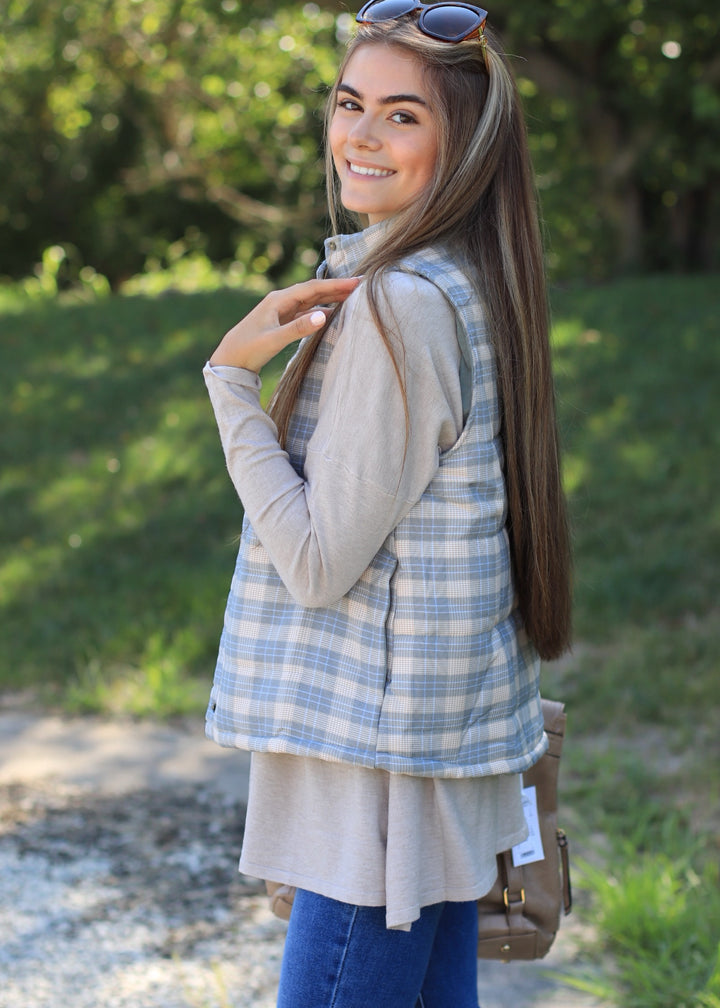 CLEARANCE FINAL SALE Pine and Taupe Plaid Puffer Vest