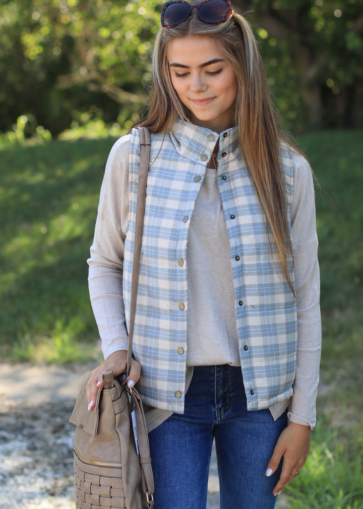 CLEARANCE FINAL SALE Pine and Taupe Plaid Puffer Vest