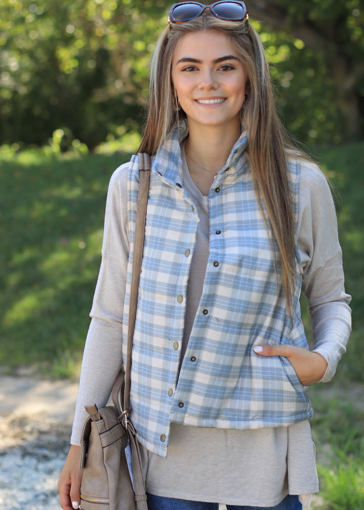 CLEARANCE FINAL SALE Pine and Taupe Plaid Puffer Vest