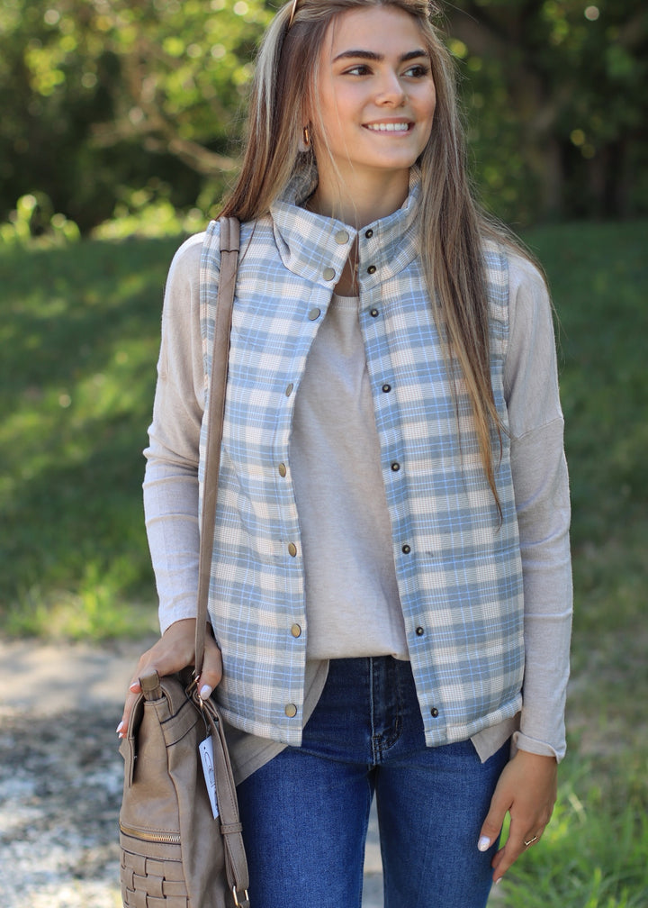 CLEARANCE FINAL SALE Pine and Taupe Plaid Puffer Vest