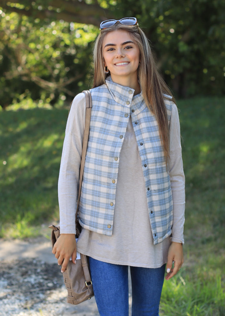 CLEARANCE FINAL SALE Pine and Taupe Plaid Puffer Vest