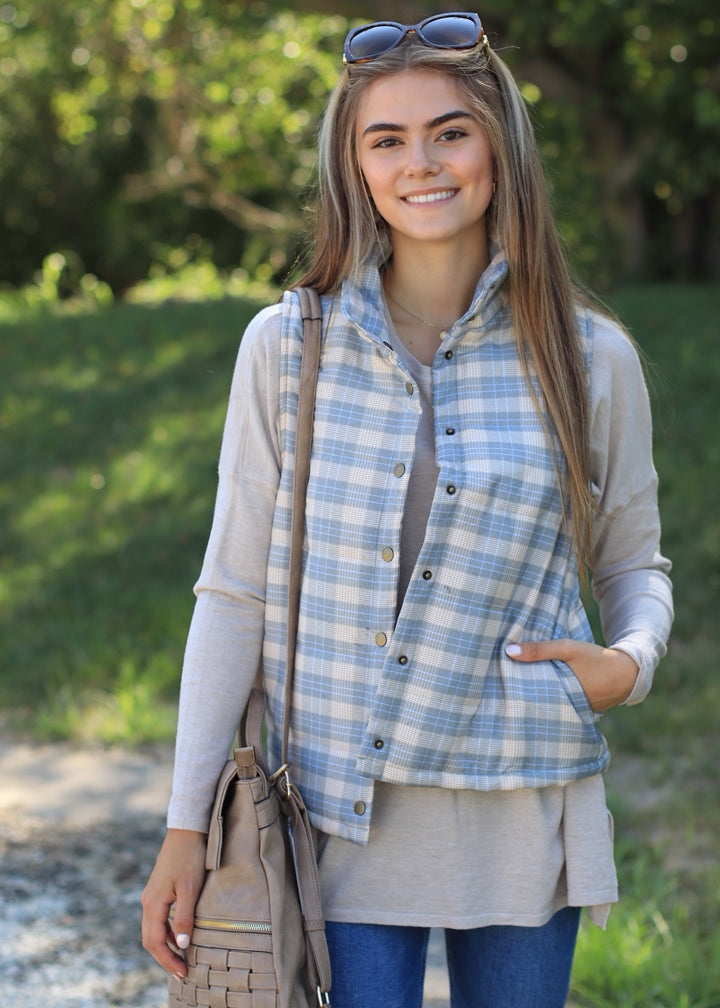 CLEARANCE FINAL SALE Pine and Taupe Plaid Puffer Vest