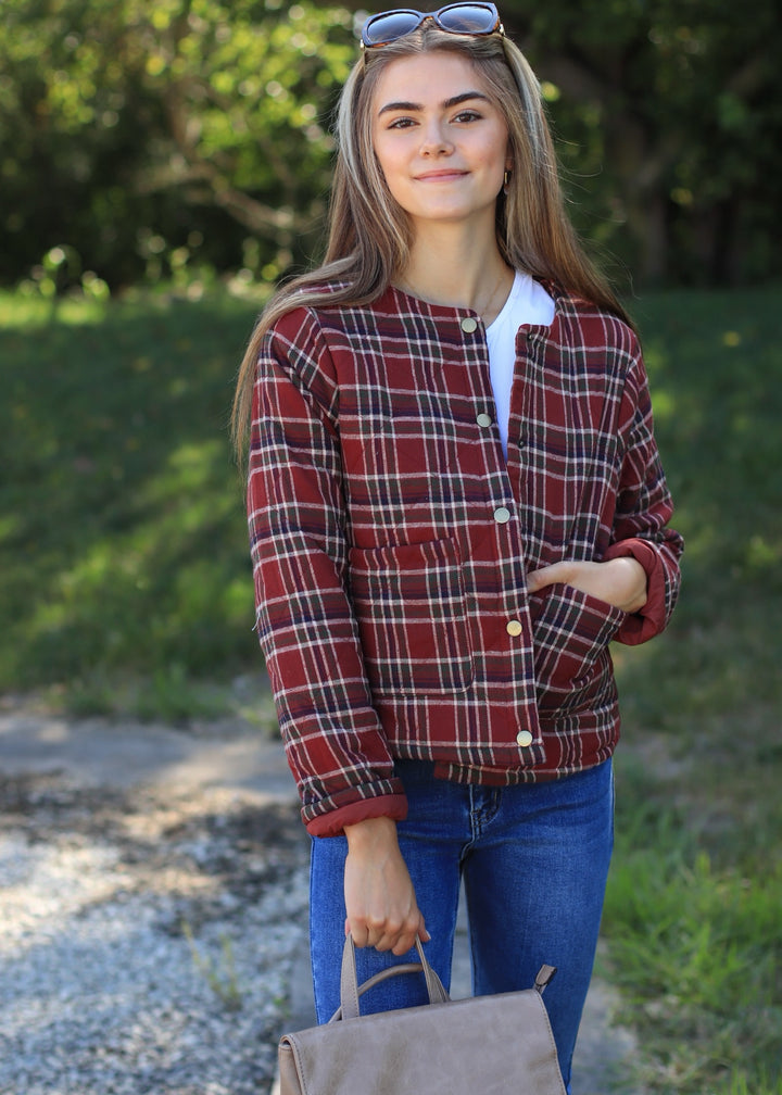 CLEARANCE FINAL SALE Aki Snap Button Plaid Quilted Jacket