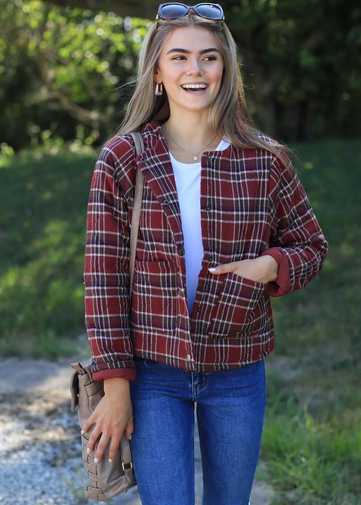 CLEARANCE FINAL SALE Aki Snap Button Plaid Quilted Jacket